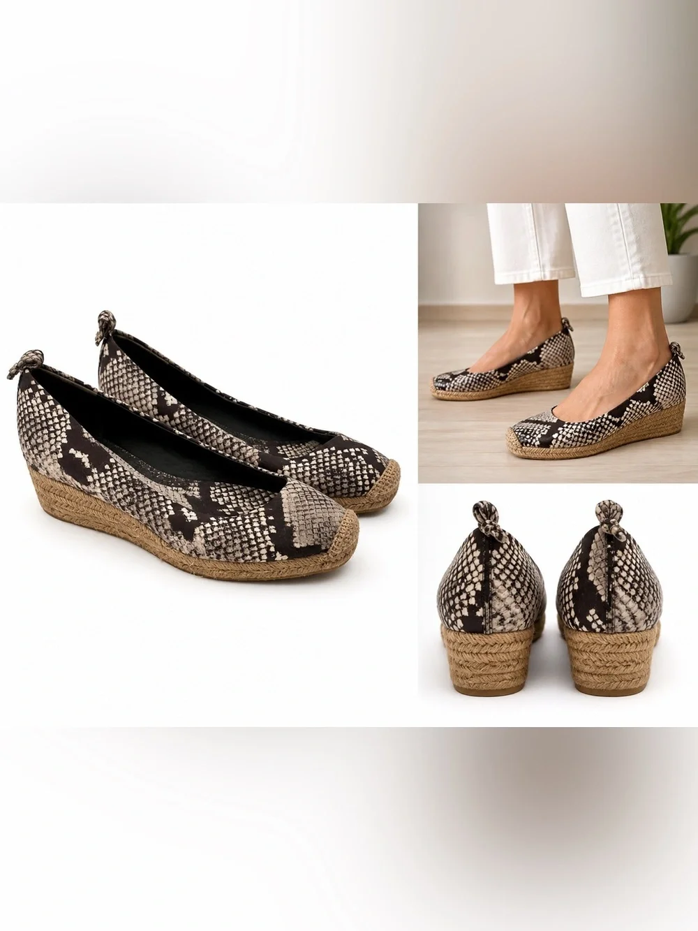 Tory Burch Snake Print Espadrille Wedges Flats Brown Cream Size 8.5 Slip
